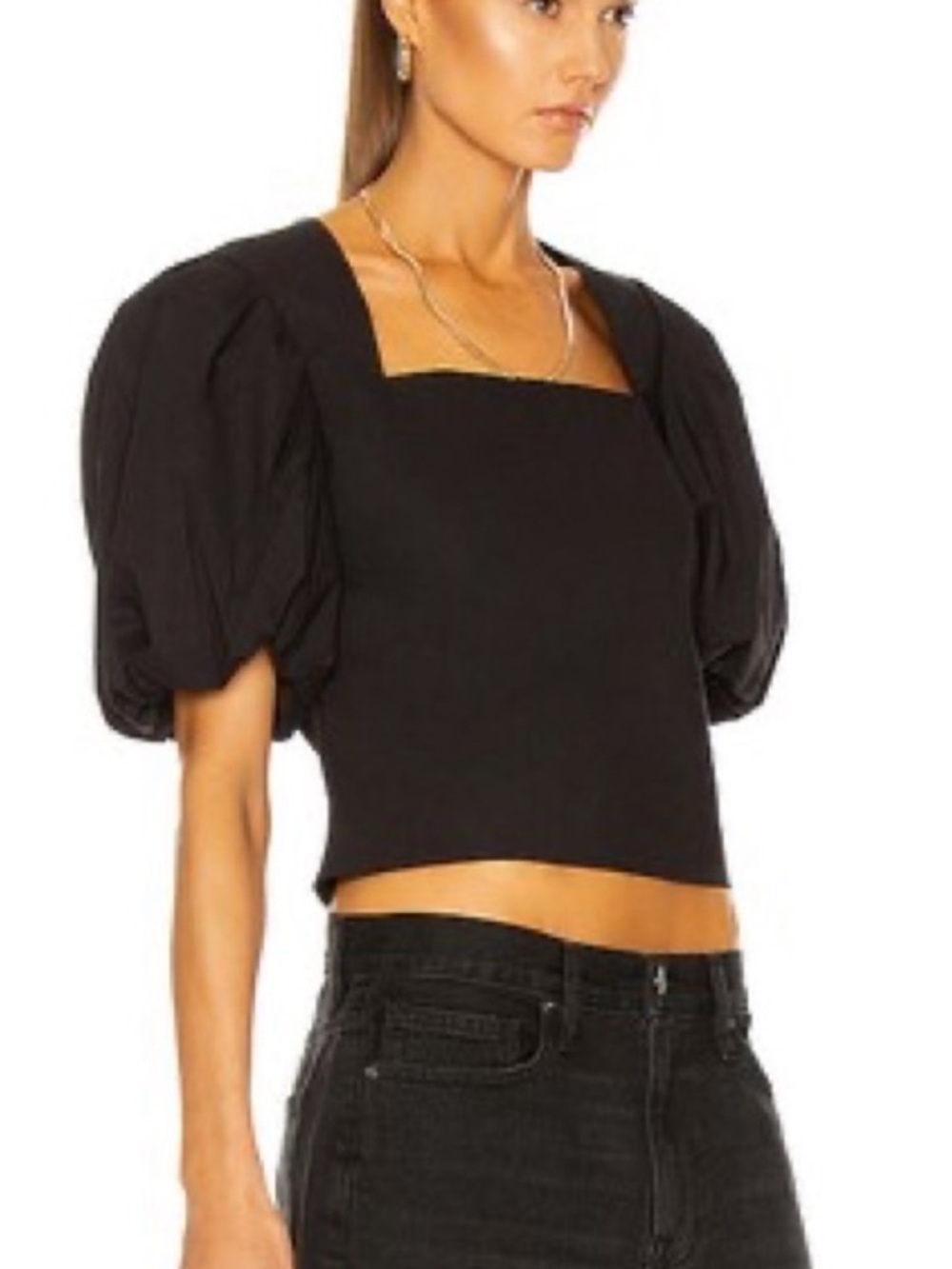 Frame Denim Black Puff-Sleeve Square-Neck Crop Top